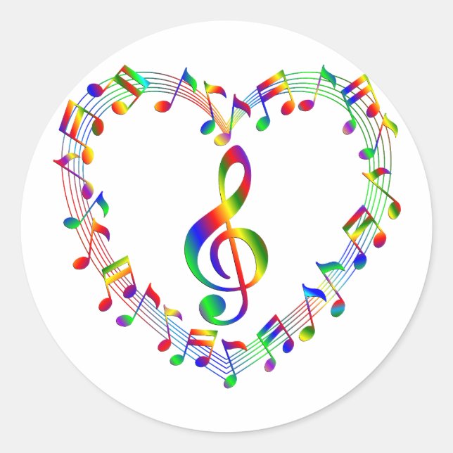 Pegatina Redonda Treble Clef Inside Heart of Music Notes (Anverso)