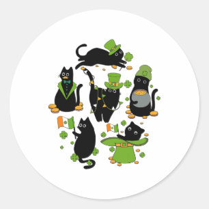 Pegatina Redonda Trebol Irlandés Gato Negro Día de San Patricio