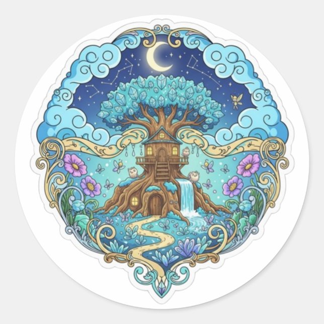 Pegatina Redonda Tree House Under Moon Fantasy magical illustration (Anverso)