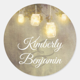Pegatina Redonda Tree Mason Jar ilumina matrimonio rústico en el ca
