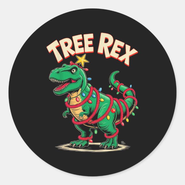 Pegatina Redonda Tree Rex Christmas Costume T-rex Dinosaur Xmas Lig (Anverso)