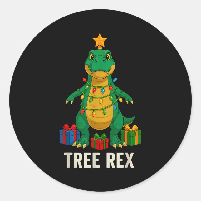 Pegatina Redonda Tree Rex Funny Dinosaur Christmas  (Anverso)