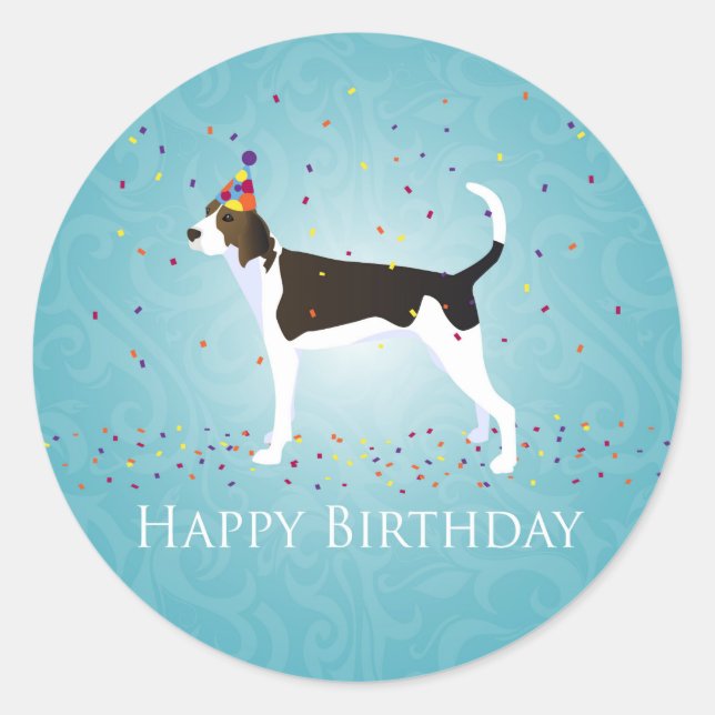 Pegatina Redonda Treeing Walker Coonhound Happy Birday Design (Anverso)