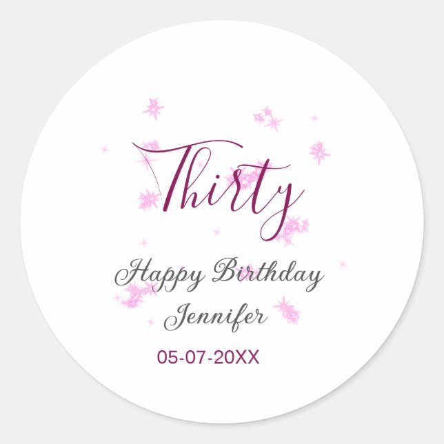 Pegatina Redonda Treinta años purpurina rosa estrellas negro 30 fec (Anverso)