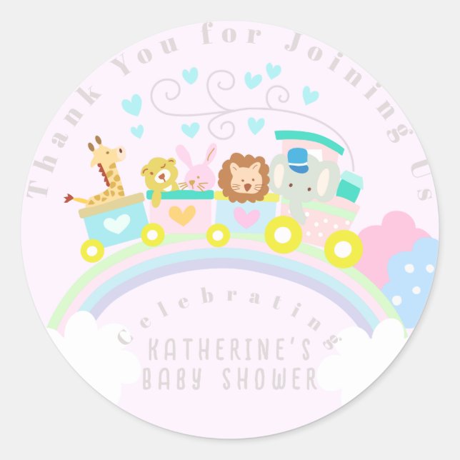 Pegatina Redonda Tren animales rosados (Anverso)