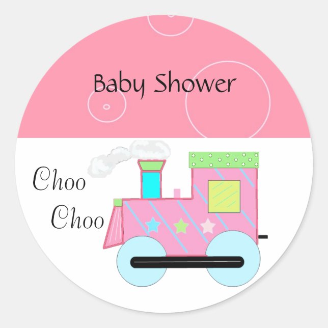 Pegatina Redonda Tren Baby Shower de Choo Choo Rosa (Anverso)