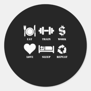 Pegatina Redonda Tren Coma Tren Trabajo Amor Dormir Repetir Gimnasi