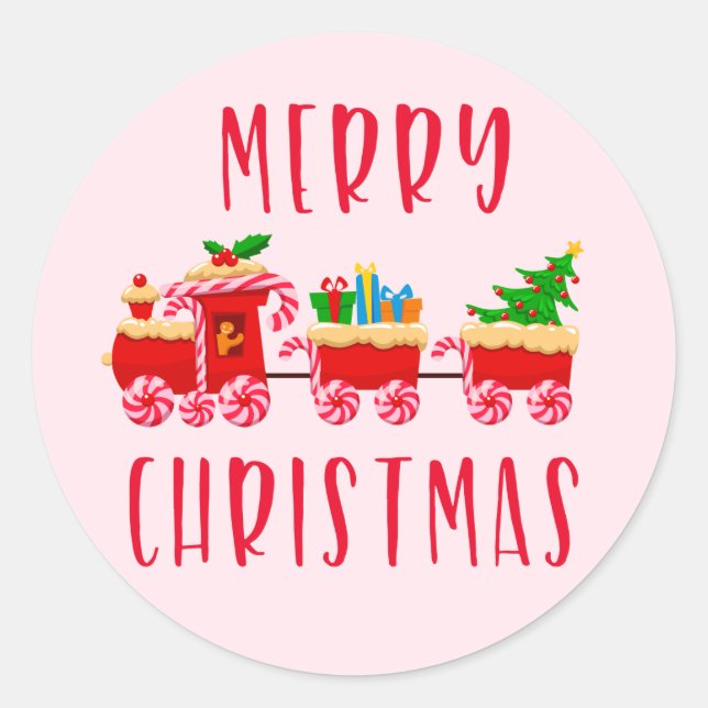 Pegatina Redonda Tren de Dulces Navideños Feliz Navidad (Anverso)
