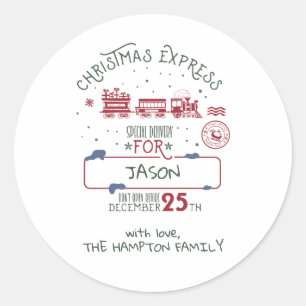 Pegatina Redonda Tren Exprés de Navidad Personalizado Santa