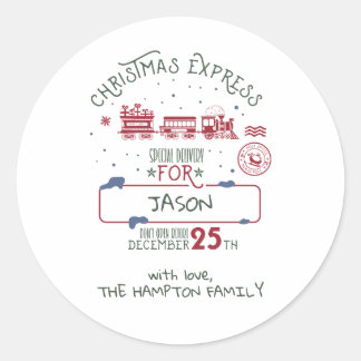 Pegatina Redonda Tren Exprés de Navidad Personalizado Santa