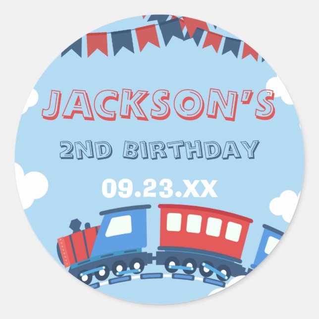 Pegatina Redonda Tren niños Chugga Dos Banderas Azul Rojo Cumpleaño (Anverso)