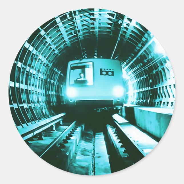 Pegatina Redonda Tren Retro BART en el túnel Transbay (Anverso)
