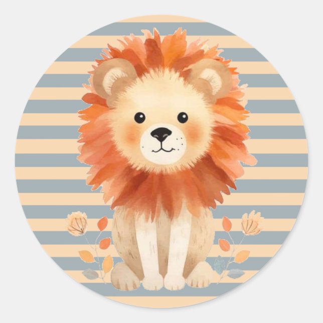 Pegatina Redonda Trendy Baby Lion Stripes Boy Baby Shower (Anverso)