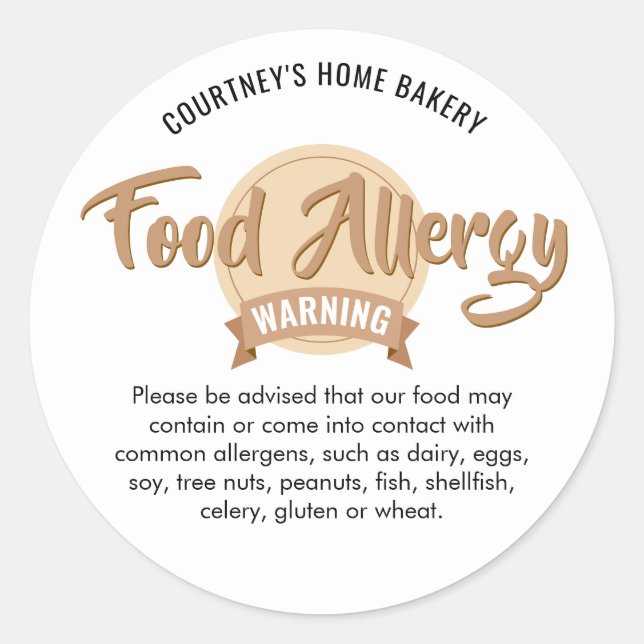 Pegatina Redonda Trendy Beige Food Safety Allergens Alert Warning (Anverso)