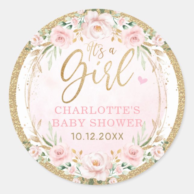Pegatina Redonda Trendy Girly Rubor Gold Pink Flor Baby Girl (Anverso)