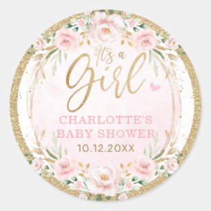 Pegatina Redonda Trendy Girly Rubor Gold Pink Flor Baby Girl