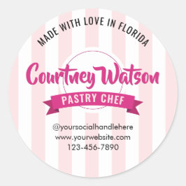 Pegatina Redonda Trendy Pink Stripes Cake Bakery Pastry Chef