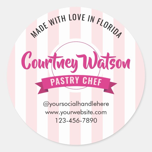 Pegatina Redonda Trendy Pink Stripes Cake Bakery Pastry Chef (Anverso)