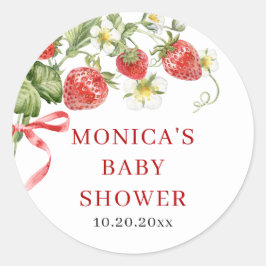 Pegatina Redonda Trendy Watercolor Meadow Strawberry Baby Shower