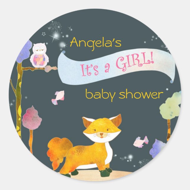Pegatina Redonda Trendy Woodland Fox Baby Baby Shower (Anverso)