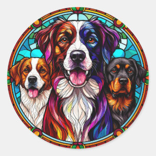 Pegatina Redonda Tres adorables perros retrato estilo vidrio emplom