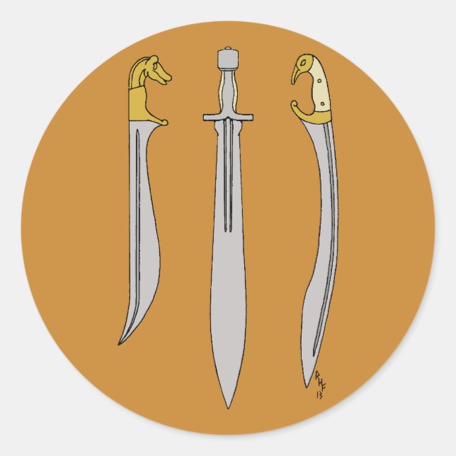Pegatina Redonda Tres antiguas espadas griegas (Anverso)