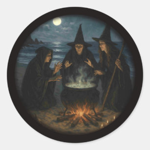 Pegatina Redonda Tres brujas producen Cauldron Full Moon Beach