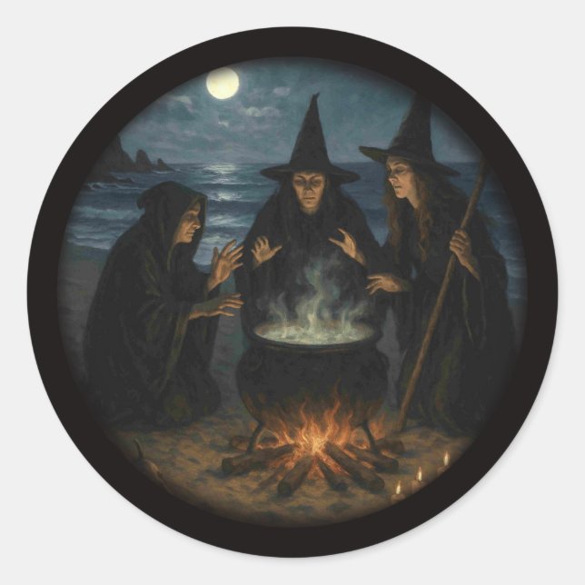Pegatina Redonda Tres brujas producen Cauldron Full Moon Beach (Anverso)