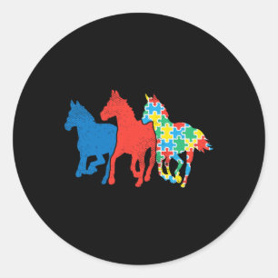 Pegatina Redonda Tres Caballos Rompecabezas Rojo Azul Conciencia de