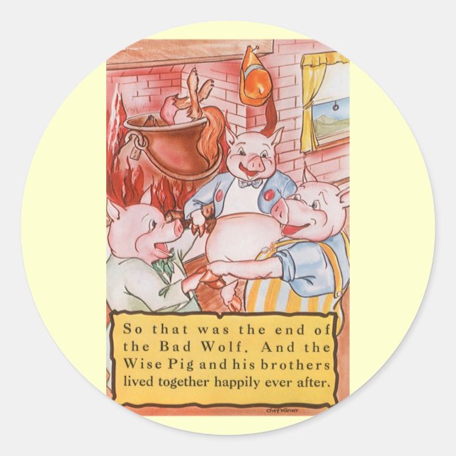 Pegatina Redonda Tres Cerditos Cocinando Lobo, Historias de hadas a (Anverso)