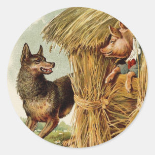 Pegatina Redonda Tres cerditos lobo malo, cuento de hadas vintage