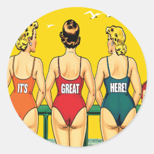 Pegatina Redonda Tres chicas pin-up desde atrás, humor de playa, di