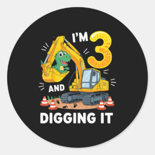 Pegatina Redonda Tres Cumpleaños 3er Construcción Dinosaurio Niño 3