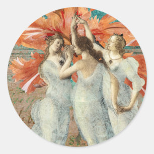 Pegatina Redonda Tres encantadoras damas de arte digital vintage