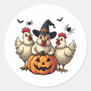 Pegatina Redonda Tres espeluznantes granjeros de pollo de Halloween