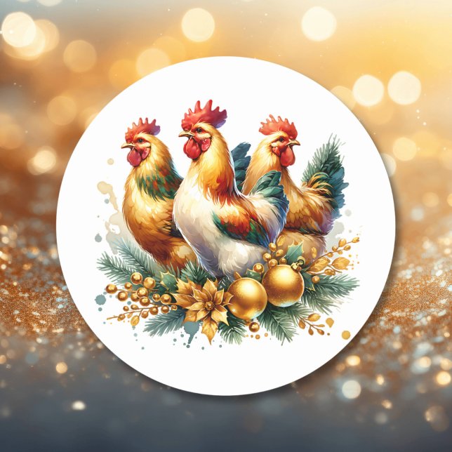 Pegatina Redonda Tres gallinas francesas | Doce días de Navidades (Subido por el creador)