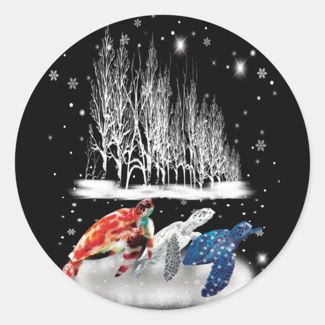 Pegatina Redonda Tres Navidades de copos de nieve de tortuga estado (Anverso)