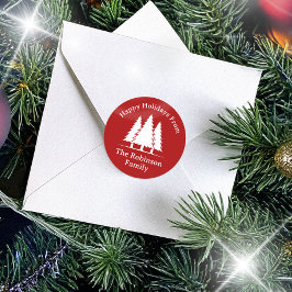 Pegatina Redonda Tres Navidades Rústicos De Árboles Pinos Saludan