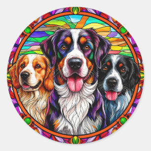 Pegatina Redonda Tres perros adorables retrato estilo vidrio emplom