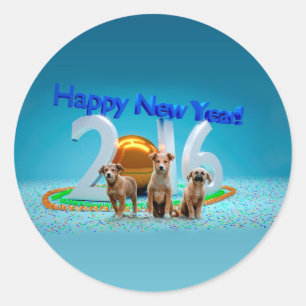 Pegatina Redonda Tres perros graciosos deseando un feliz año nuevo 