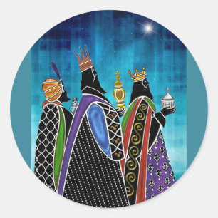 Pegatina Redonda Tres Regalos Magi Bajo Cielo Estelar