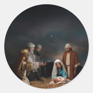 Pegatina Redonda Tres sabios en la Natividad