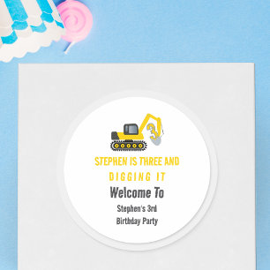 Pegatina Redonda Tres y cavar la construcción tercer Fiesta de cump