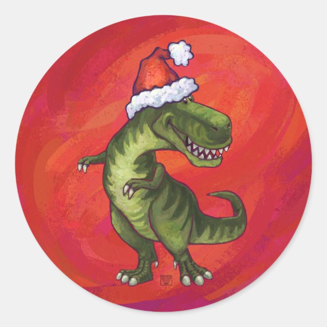 Pegatina Redonda TRex Dino en Santa Hat en Red (Anverso)