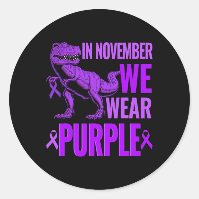 Pegatina Redonda Trex Dinosaur En Noviembre Usamos Epilepsia Púrpur (Anverso)