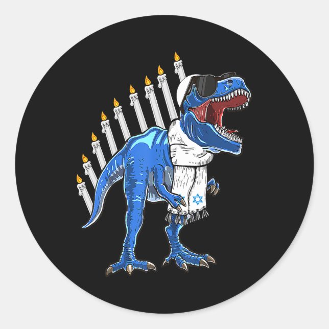 Pegatina Redonda Trex Dinosaur Menorah Hanukkah Chanukah (Anverso)