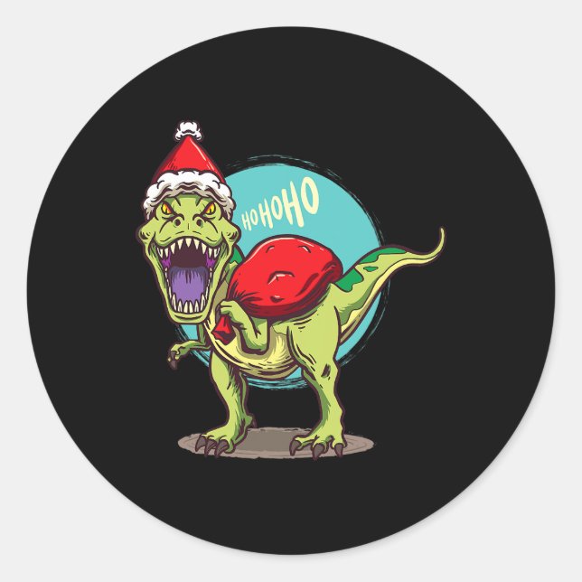 Pegatina Redonda TRex Navidades de Santa Claus Dinosaur Jolly Xmas  (Anverso)
