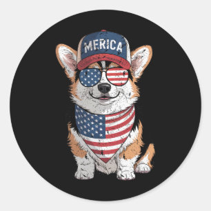 Pegatina Redonda Tri Color Corgi 4 De Julio Bandera Estadounidense 