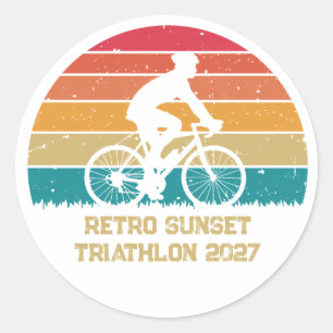 Pegatina Redonda Triatlón personalizado de ciclismo retro atardecer