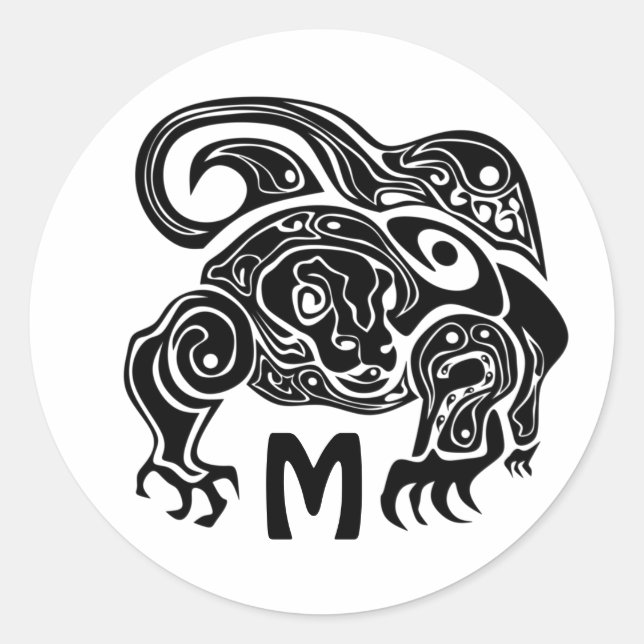 Pegatina Redonda Tribal de tinta negra Komo Dragon Silhouette (Anverso)